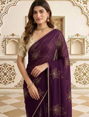 Purple embellished embroidered jute silk saree 2