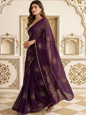 Purple embellished embroidered jute silk saree 3
