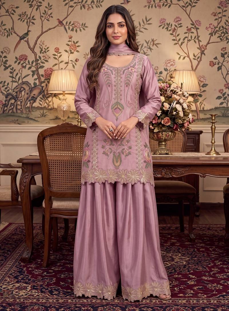 Lavender Premium Chinon With Beads Work Salwar Suit Stitched