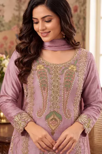 Lavender Premium Chinon With Beads Work Salwar Suit Stitched