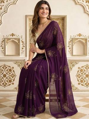 Purple embellished embroidered jute silk saree 5