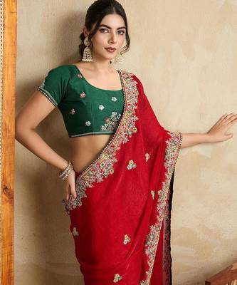Red embroidered saree with blouse 1