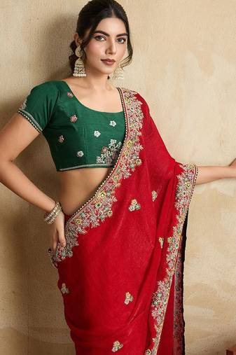 Red embroidered saree with blouse
