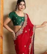 Red embroidered saree with blouse