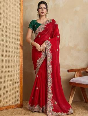 Red embroidered saree with blouse 2
