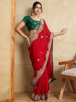 Red embroidered saree with blouse 3
