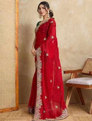 Red embroidered saree with blouse 4