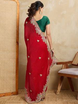 Red embroidered saree with blouse 5