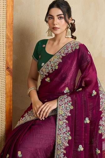 Purple floral embroidered poly chiffon saree