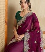 Purple floral embroidered poly chiffon saree