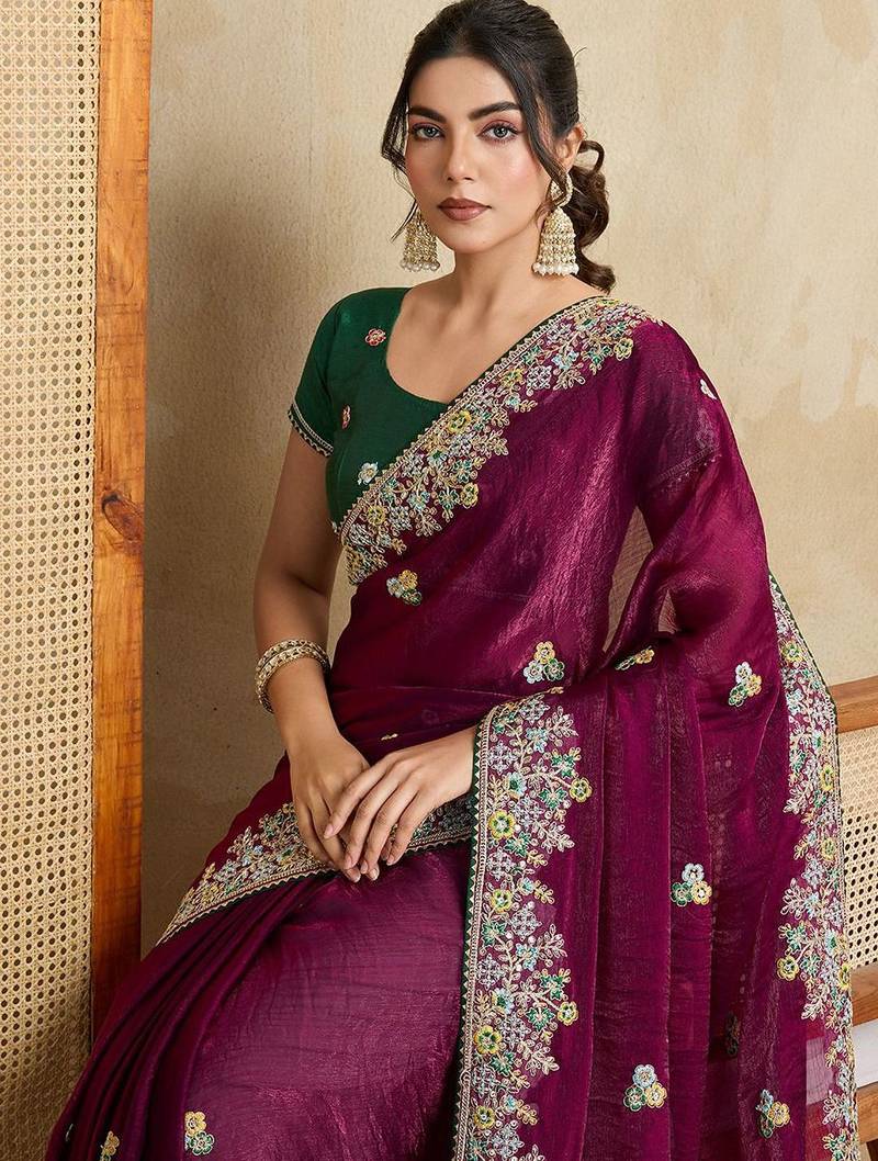 Purple floral embroidered poly chiffon saree