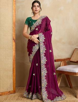 Purple floral embroidered poly chiffon saree 2