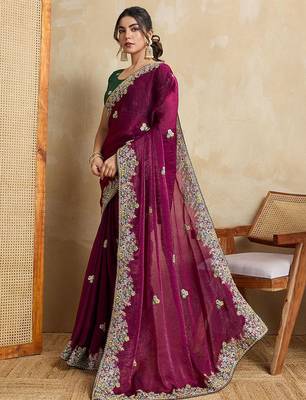 Purple floral embroidered poly chiffon saree 3