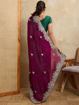 Purple floral embroidered poly chiffon saree 4