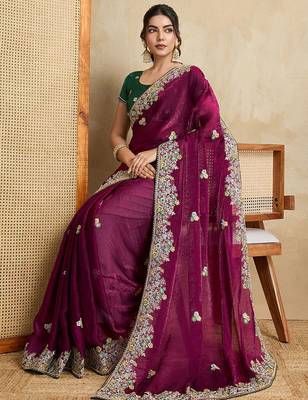 Purple floral embroidered poly chiffon saree 5