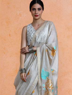 Beige woven design muga sarees with blouse piece 2