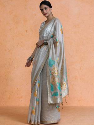 Beige woven design muga sarees with blouse piece 3
