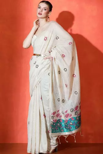 Cream woven design banarasi sarees with blouse piece