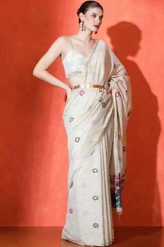 Cream woven design banarasi sarees with blouse piece