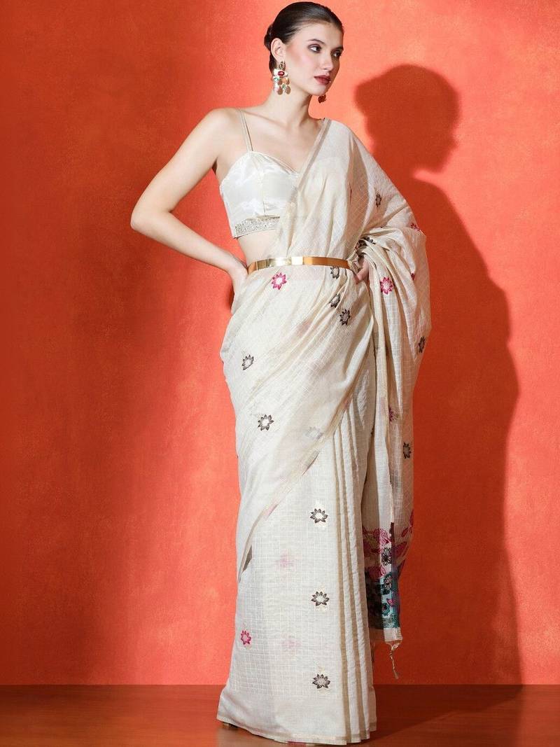 Cream woven design banarasi sarees with blouse piece