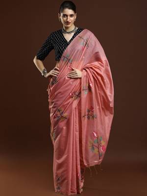 Pink woven design muga sarees with blouse piece 1