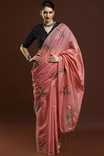 Pink woven design muga sarees with blouse piece