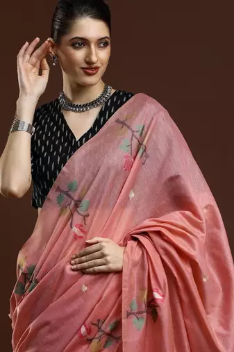 Pink woven design muga sarees with blouse piece