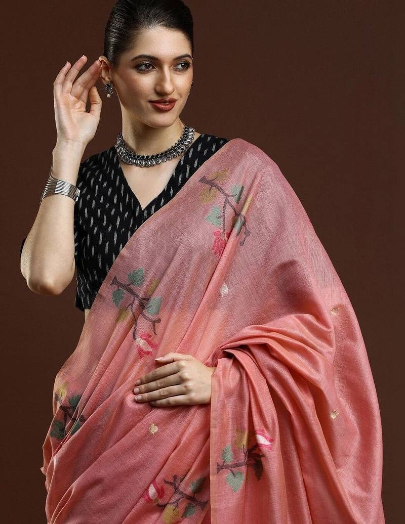 Pink woven design muga sarees with blouse piece