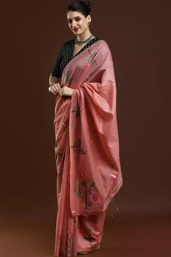 Pink woven design muga sarees with blouse piece