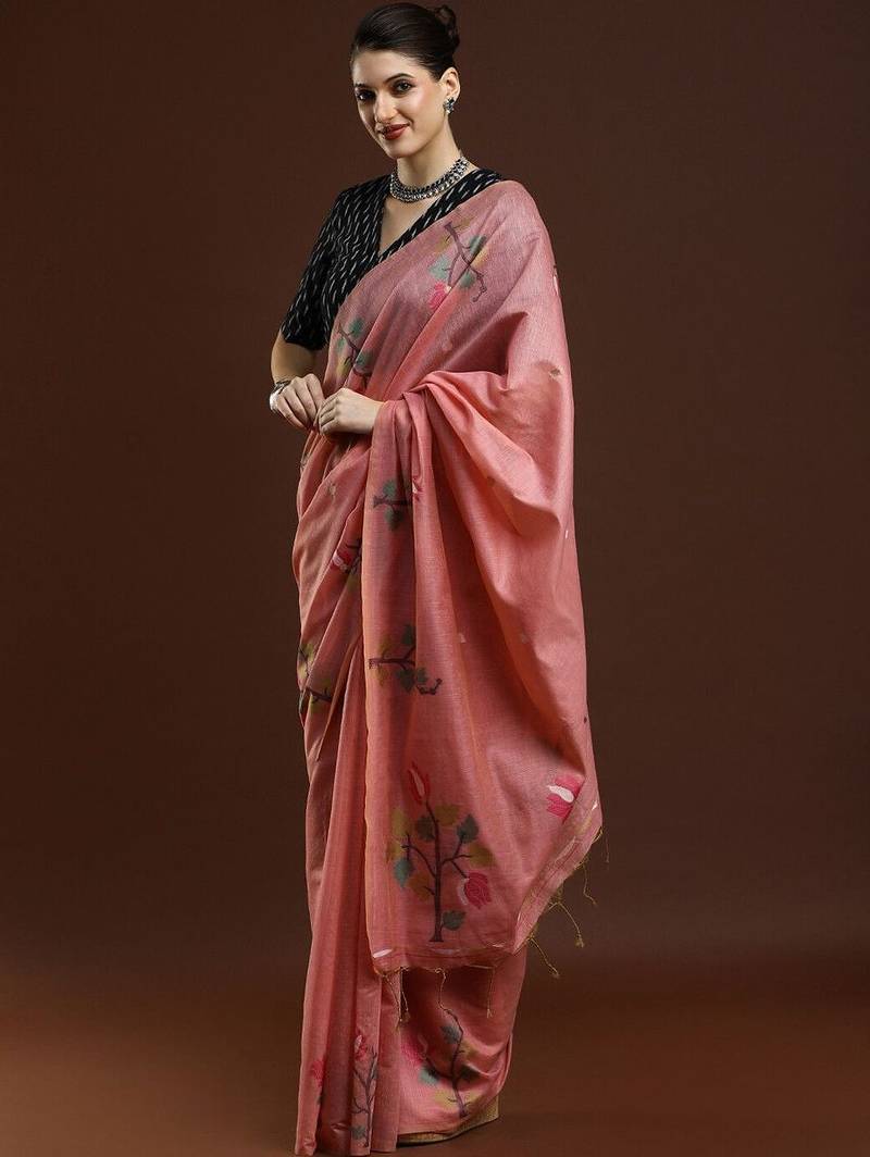 Pink woven design muga sarees with blouse piece