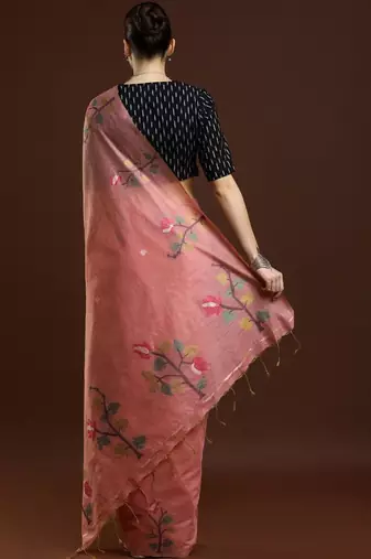 Pink woven design muga sarees with blouse piece