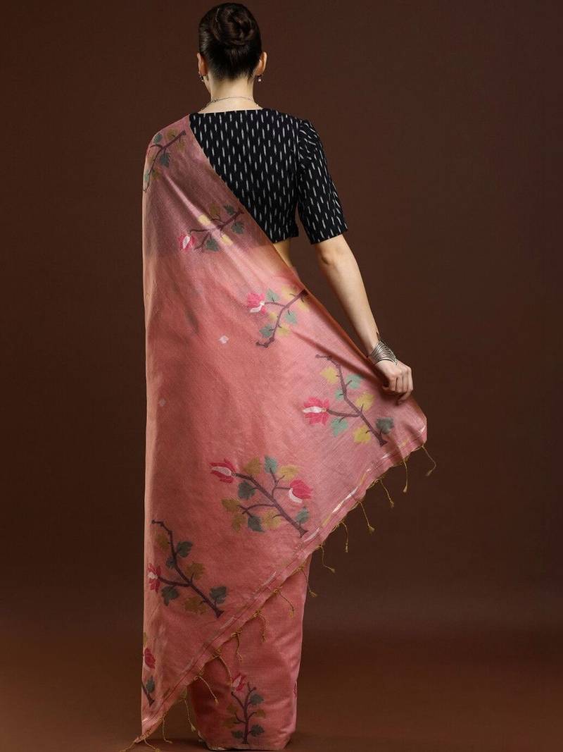Pink woven design muga sarees with blouse piece