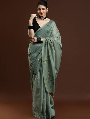 Green woven design muga sarees with blouse piece 1