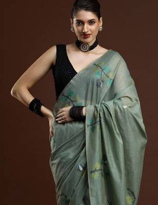 Green woven design muga sarees with blouse piece 2
