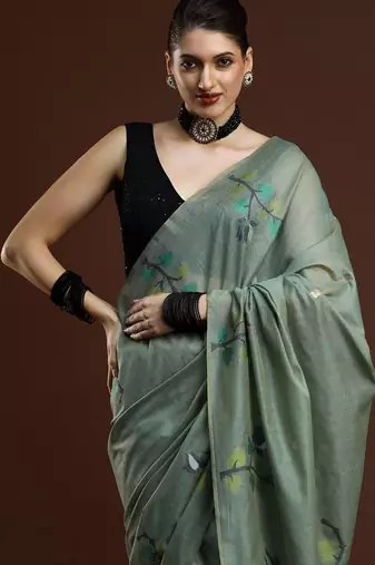 Green woven design muga sarees with blouse piece