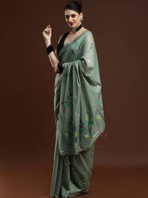 Green woven design muga sarees with blouse piece 3