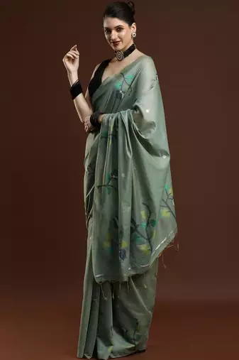 Green woven design muga sarees with blouse piece