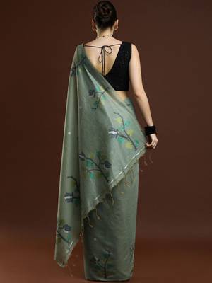 Green woven design muga sarees with blouse piece 4