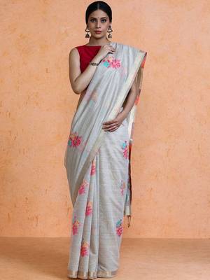 Grey woven design muga sarees with blouse piece 1