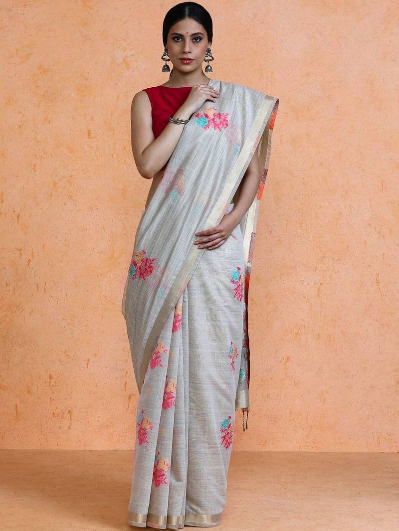 Grey woven design muga sarees with blouse piece
