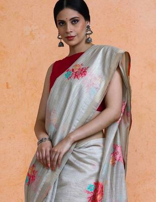 Grey woven design muga sarees with blouse piece 2