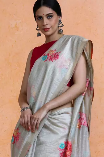 Grey woven design muga sarees with blouse piece