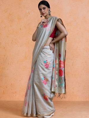 Grey woven design muga sarees with blouse piece 3