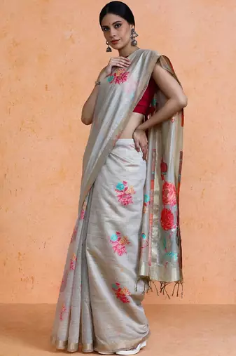 Grey woven design muga sarees with blouse piece