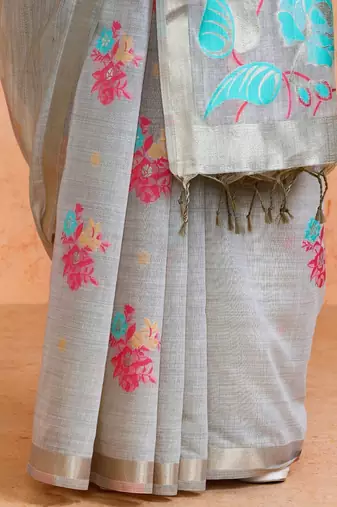 Grey woven design muga sarees with blouse piece