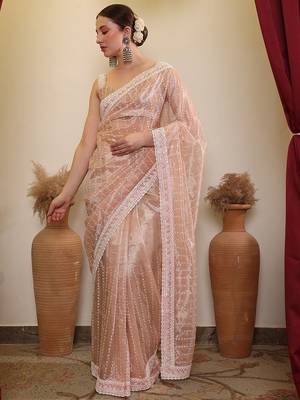 Cream ethnic sequence embroidered saree 2