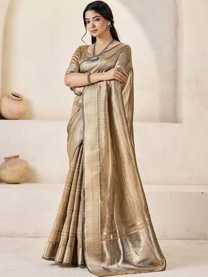 Gold gold linen ethnic woven design festive wear matching blouse & sarees 1