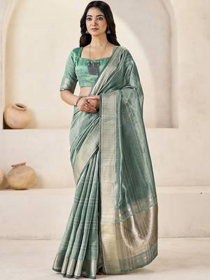 Sea green sea green linen ethnic woven design festive wear matching blouse & sarees 1