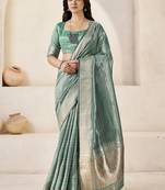 Sea green sea green linen ethnic woven design festive wear matching blouse & sarees