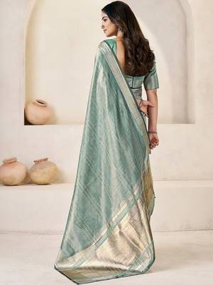 Sea green sea green linen ethnic woven design festive wear matching blouse & sarees 2